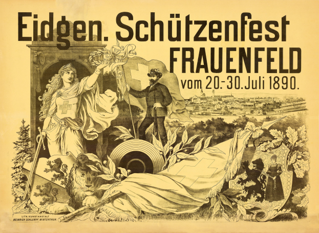 Plakat für das Eidgenössische Schützenfest in Frauenfeld, Deutschland, das einen förmlich gekleideten Mann und eine Frau neben den Ereignisdetails zeigt.