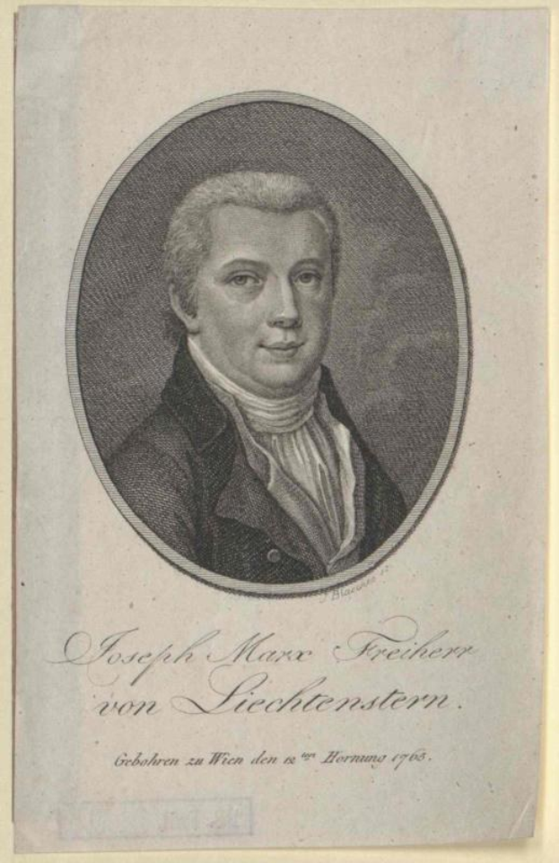 Porträt von Joseph Marx Freicher von Liechtenstein, einem deutschen Komponisten, der einen schwarzen Anzug und ein weißes Hemd trägt und einen ernsten Gesichtsausdruck hat.