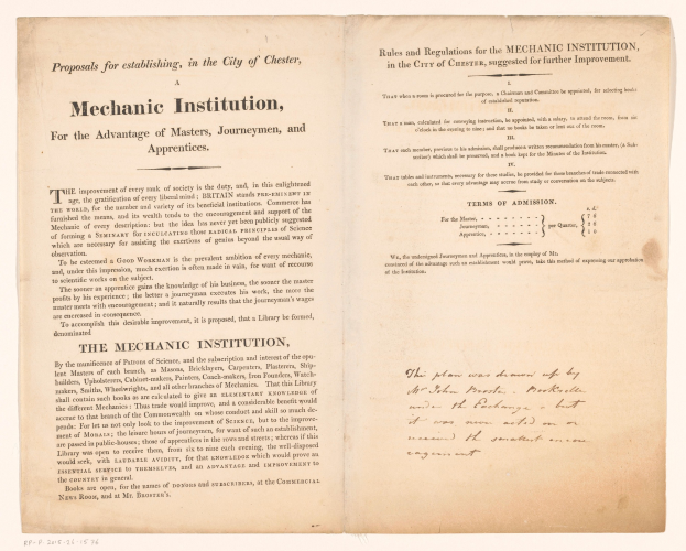 Ein offenes Buch mit dem Titel "Mechanic Institution, for the Advantage of Masters, Journeymen, and Apprenticeships" auf dem Umschlag.