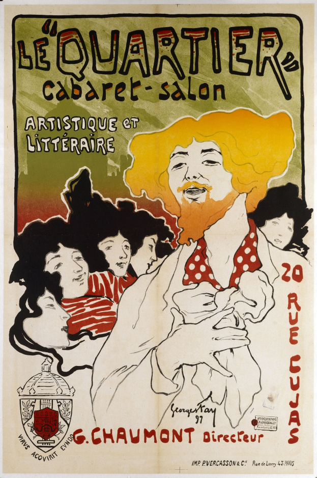 Plakat für das Quartier Cabaret Salon in Paris, Frankreich, mit einer Gruppe von Menschen umgeben von fettem Text in einem dekorativen Rahmen mit einem vintage-matten Farbpalette von Blauen, Grünen und Gelben.