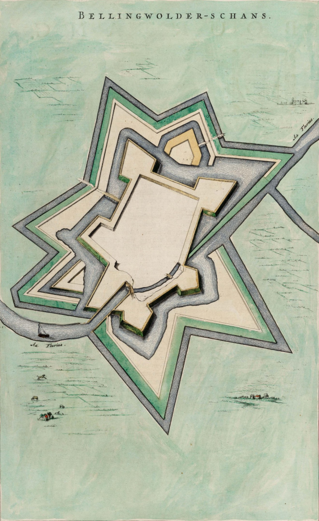 Ein detailliertes Plakat mit einer Karte von Bellingwolderschans, Deutschland, mit Straßen, Gebäuden und Sehenswürdigkeiten, begleitet von Texten über die Geschichte, Kultur und Attraktionen der Stadt.