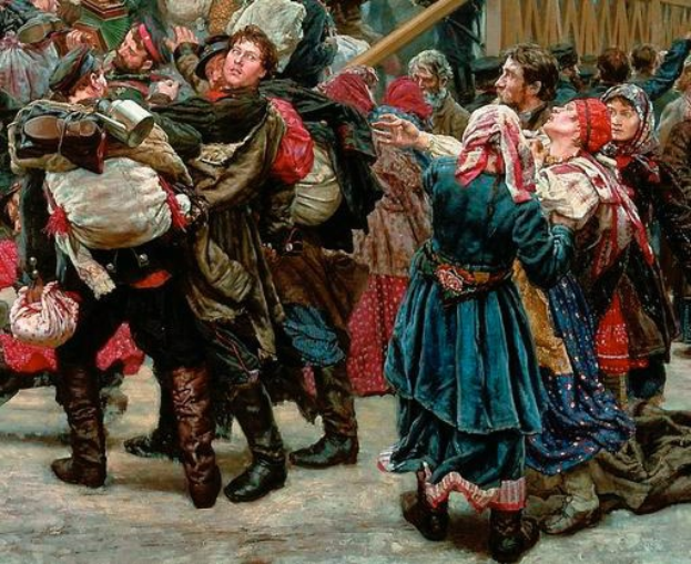 Gemälde, das eine Gruppe von Menschen zeigt, die vor einer Menge tanzen, während einer lebhaften Szene aus der Russischen Revolution, mit einigen, die Gegenstände halten, vor einem Hintergrund aus Holzhaus und traditioneller russischer Kleidung.